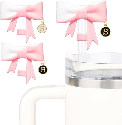 2Pcs Cute Bow Straw Covers Cap Toppers for Stanley With 2 Initial Letter Charms Name ID, 10mm 0.4inch Silicone Straw Covers for Tumblers, Straw Cap for Stanley Cups Straw Accessories