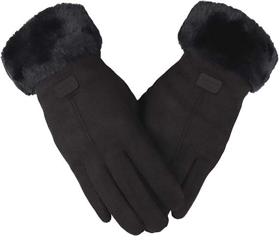 Mens Winter Suede Gloves Thermal Suede Leather and Warm Insulation, Black Gloves Women Gloves Women (Black, One Size)