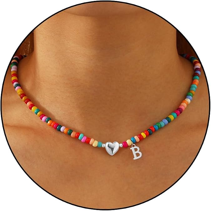 Bellino Initial Necklaces Colorful Beaded Charm Letter Choker Bohemian Gold/Sliver Plated Pendant Y2K Boho Necklace teen gifts trendy stuff for Girlfriend Wife