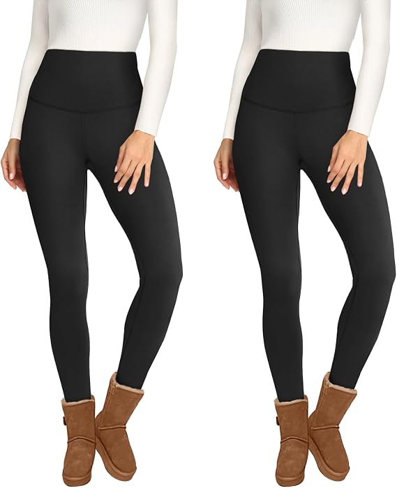 2 Pack Fleece Lined Leggings for Women - Thermal Winter Warm Tights Tummy Control High Waisted Workout Yoga Pants