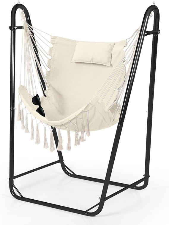Hammock Chair with U Shape Stand, Cotton Swing Chair with Side Pocket, Heavy-Duty Metal Frame with Hanging Seat, Multi-Functional Swing Stand for Indoor and Outdoor Patio Yard Garden (White)
