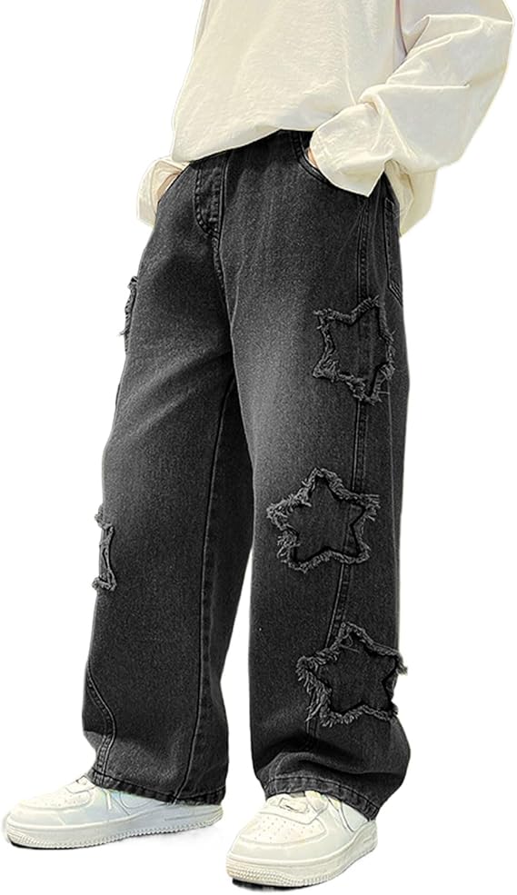 Teen Boys Star Baggy Jeans Elastic Waist Straight Wide Leg Pants