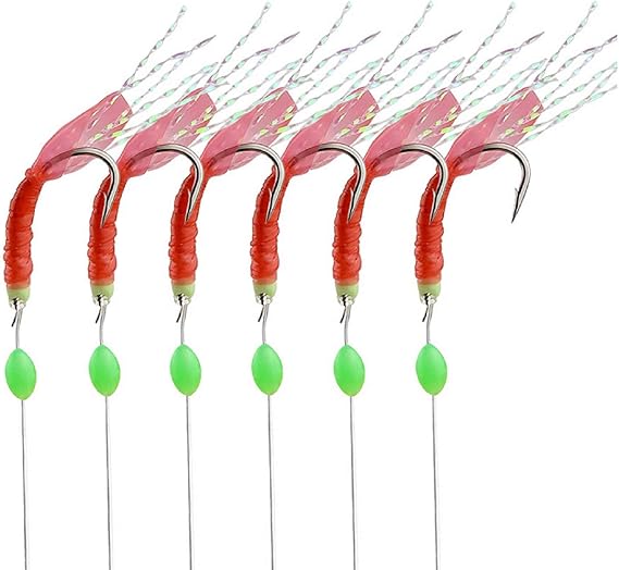10 Packs 6 Hook/Set Fishing Rigs Red Feather Rainbow Skin Silk String Hook Fishing Lure Saltwater Freshwater Bait Rig Tackle 5#6#7#8#9#10# (red, 10#)