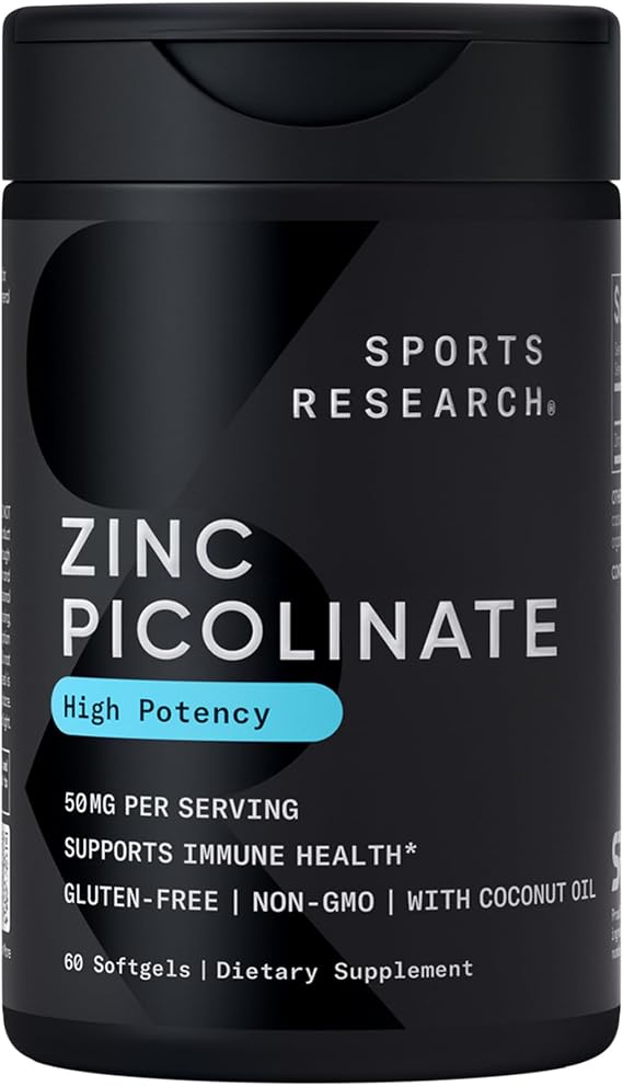 Sports Research Zinc Picolinate 50mg w/Organic Coconut Oil, 60 Softgels