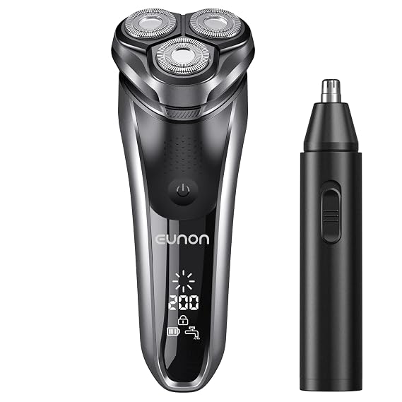EUNON Electric Razor for Men - IPX7 Waterproof Rechargeable Mens Rotary Shavers,Electric Razor and Pop-up Beard Trimmer,with Portable Nose Hair Trimmer,100-240v Worldwide Travel Universal