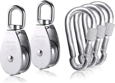 2pcs M25 Single Pulley Block with 3pcs Spring Snap Hook Carabiner, Heavy Duty 304 Stainless Steel Pulley Roller & 3 Spring snap Hooks, Pully Crane Swivel Hook Wire Rope Cable Loading 331lbs150 kg