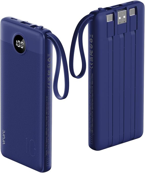 VRURC Portable Charger, Built in 4 Cables & Lanyard Power Bank 10000mAh