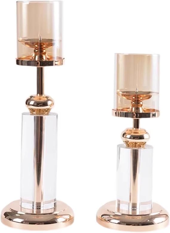 Hurricane Candle Holder Gold: Set of 2 Candle Holders for Pillar Candles with Clear Glass Sleeve and Crystal Base - Decorative Metal Pillars Stand Table Centerpiece