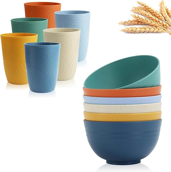 26 OZ Wheat Straw Bowls and 16 OZ Cups Set of 12, Lightweight & Unbreakable, Microwave Safe Cereal Bowls Drinking Cups (Multicolor)