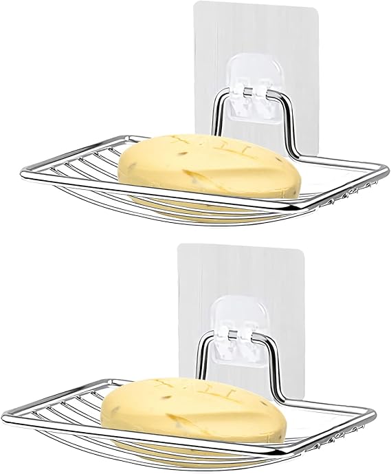 Laigoo 2Pcs Shower Soap Dish, SUS304 Stainless Steel Bar Soap Holder Wall Mounted, Self Adhesive Sponge Holder for Bathroom/Shower/Kitchen(Silver)