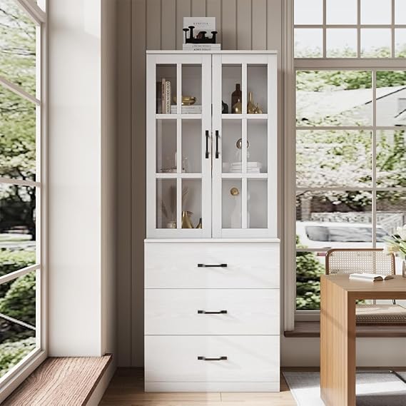 VOWNER Bookcase with Glass Door, 5-Tier Modern Bookshelves with 3 Large Drawer, Glass Display Cabinet with Lager Storage Shelf, Combination Storage Shelves for Home Office, C (White)