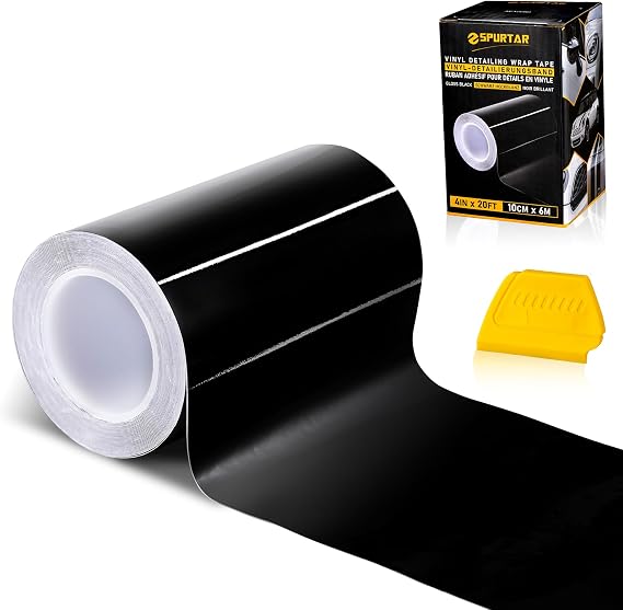 Spurtar Gloss Black Vinyl Wrap 4 Inch x 20ft Air-Release Adhesive Car Vinyl Tape Chrome Delete Wrap Roll DIY Car Exterior Decoration Door Edge Guard Vehicle Detailing Paper 10CM x 6M