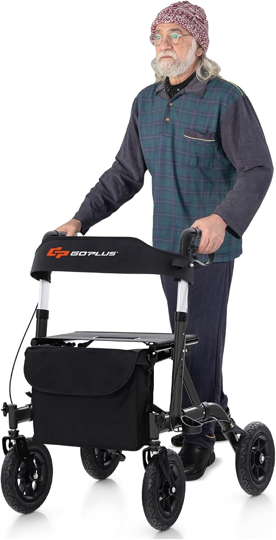 Goplus Rollator Walkers for Seniors with Seat, Foldable Rolling Walker with 9.5 All Terrain Pneumatic Wheel, Supports up to 300 lbs, Heavy Duty Bariatric Rollator Walker for Adult
