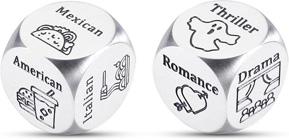 Funny Date Night Dice Set Anniversary Wedding Gifts for Him Her Valentines Engagement Christmas Bride Shower Gifts for Boyfriend Girlfriend Dinner Movie Decider Dice for Couple Foodie Steel Dice Ideas