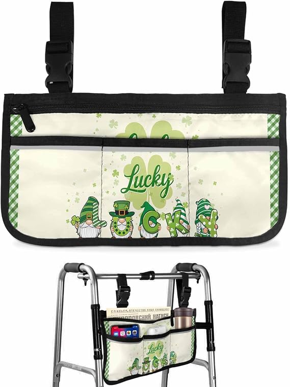St. Patrick's Day Wheelchair Side Bag Walker Bag, Lucky Gnomes Clover Green Plaid Striped Wheelchair Accessories Armrest Pouch, Organizer Storage Bag for Walkers, Rollators, Scooters, 7.3''x13''