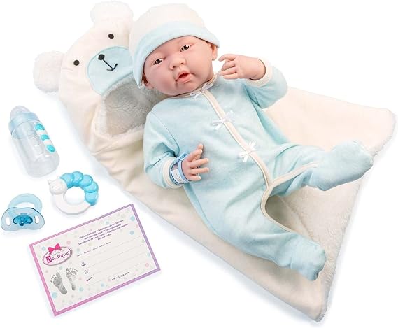 JC Toys - La Newborn Nursery | 8 Piece Bunting Soft Body Baby Doll Gift Set | 15.5" Life-Like Soft and Posable Newborn Doll with Accessories | Blue Bear| Light Blue | Ages 2+ (18790)