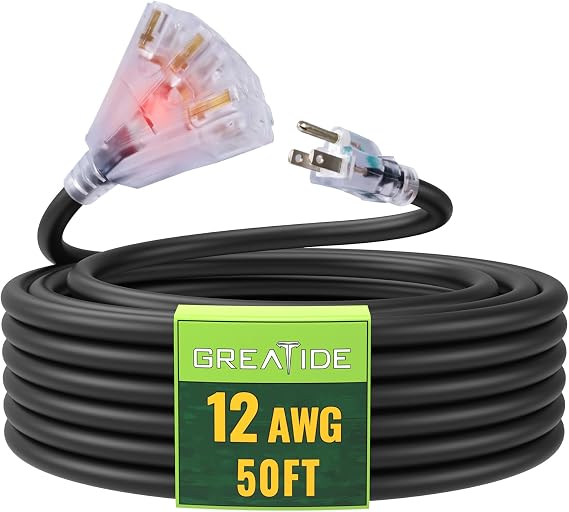 50 Ft Lighted Outdoor Extension Cord with 3 Electrical Power Outlets - 12/3 SJTW Heavy Duty Black Extension Cable with 3 Prong Grounded Plug for Safety, UL Listed