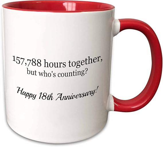 3dRose Happy 18th Anniversary - 157788 hours together 11oz Two-Tone Red Mug
