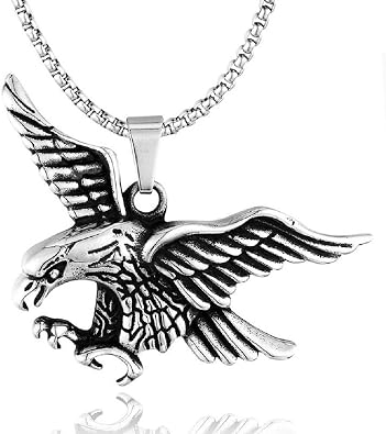 Flying Bald Eagle Pendant Necklace for Men, Hip Hop Eagle Necklace with 23.6 Chain, Vintage Hawk Eagle Pendant, Silver Metal Alloy Chain, Viking Animal Necklace Jewelry