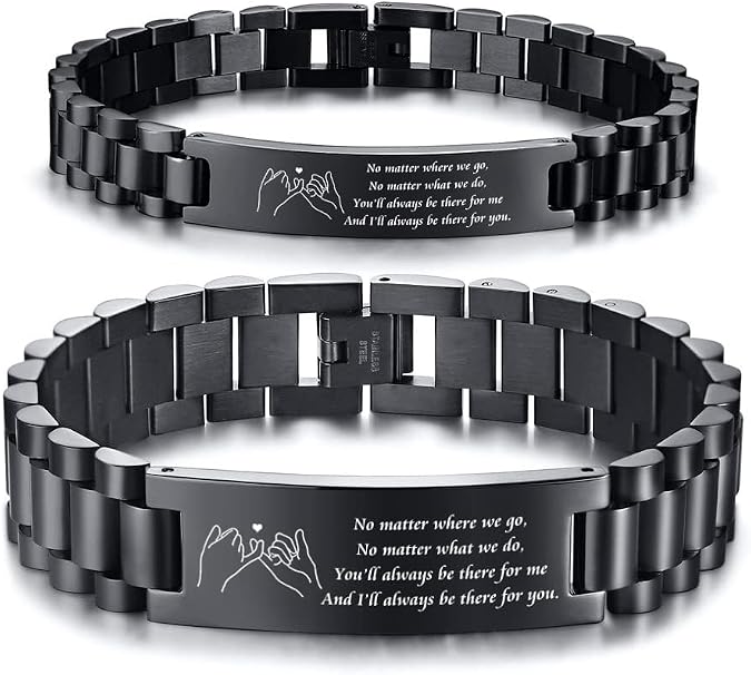 MEALGUET Pinky Promise His & Hers Stainless Steel Custom Love Quote Couple Link Bracelets Wristband for Lover Husband Wife Boyfriend Girlfriend,Valentine's Day Gift