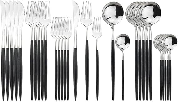 Kitchen Utensils Set,Simply Modern,30Pcs Flatware Set Stainless Steel Sets Mirror Polishing Tableware Sets Multipurpose Use for Home and Kitchen, Service for 6-Black and silver