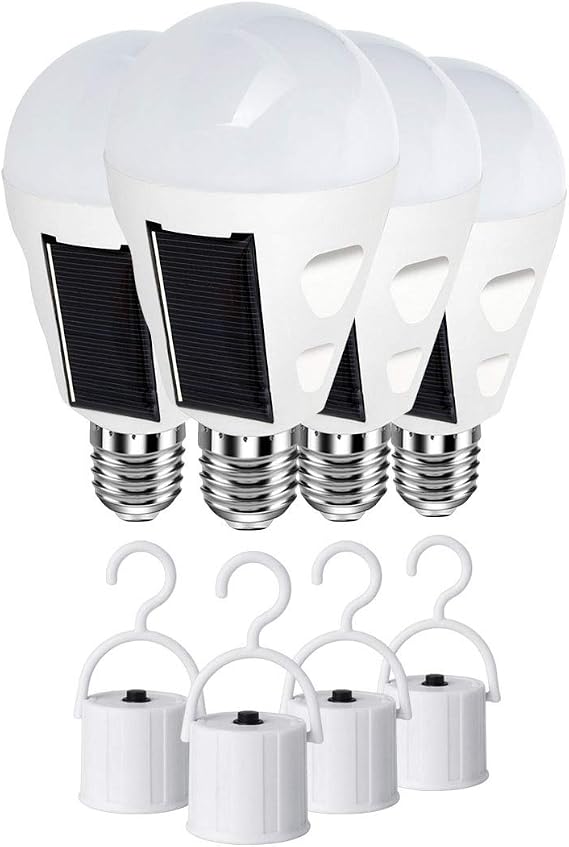 4 Pack LED Solar Emergency Light Bulbs for Home Power Failure, E26/E27 7W Rechargeable Battery Backup Bulb, Hurricane Supplies for Home, White Daylight 6000k Outdoor Hiking Camping Light
