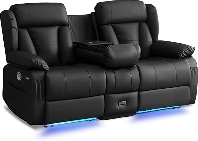 AHMED Loveseat Recliner Sofa with Console, Manual Reclining Loveseat RV Couch with LED LightsCup HoldersSide PocketUSBType-C for Living Room, Faux Leather, Black