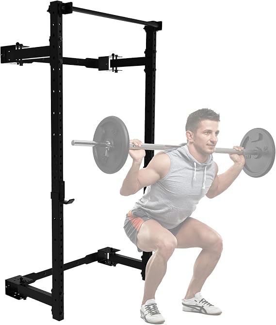 PRx Performance Wall Mounted Folding Power Squat Rack - Heavy Duty Adjustable Pull Up Bar, Space Saving Home Gym Equipment with Durable J-Cups, Ideal for Weight Lifting and Strength Training - Black