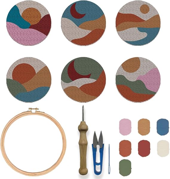 FREEBLOSS 6 Sets Punch Needle Kit Landscape Punch Needle Coaster Punch Embroidery Kit Punch Needle Embroidery Rug Punch Needle Kit Needle Punch Kit Needle Punch Kit for Beginners