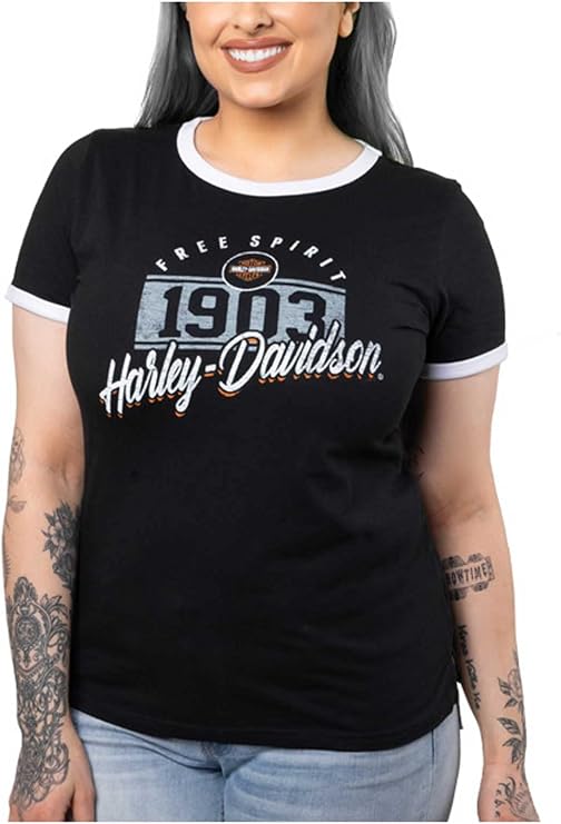 Harley-Davidson Women's Collegiate Short Sleeve Ringer Tee - Black/White