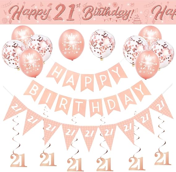 21st BIrthday Decorations for Her-Rose Gold 21st Birthday Banners for Girls,Happy 21st Birthday Party Decor Include Banner Bunting Hanging Swirls Triangle Flags Confetti Latex Balloons | Banner Bunting Foil Hanging Swirls Triangle Flags Balloons