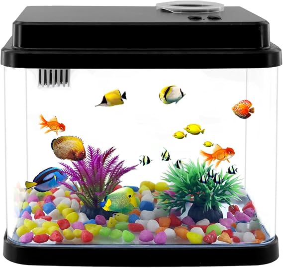 Mini Aquarium Fish Tank, 1 Gallon Fish Bowl with Adjustable 6-Color LED Lamps, Filtration, Oxygenation, Water Circulation 3 in 1 Pump, DIY Ocean Stickers, Excellent Gifts for Starter