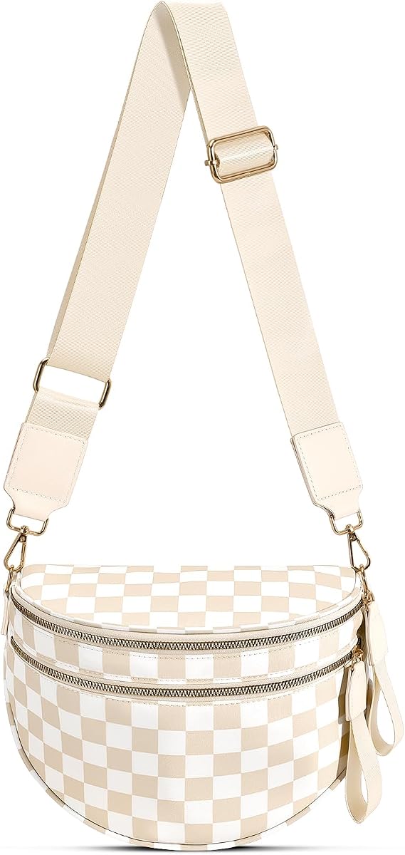 Checkered Nylon Crossbody Bag Bum Bag for Women Mom Large Checkered Fanny Packs with Adjustable Strap