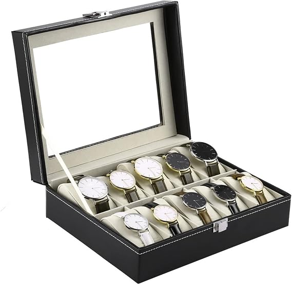 TOMYEUS Watch Box 10 Slot Luxury Watch Case, Smooth Faux Leather Interior, Watch Bag Organiser Watch Holder for Men, Black Watch Box