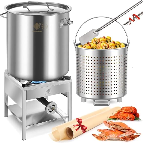 ARC 84QT Stainless Steel Seafood Boil Pot with 200,000BTU Propane Burner and 48" Mixing Paddle, Crab Crawfish Boil Pot and Burner for Outdoors Cooking and Steaming