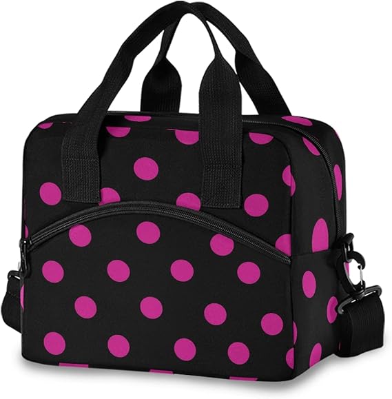 Pink Polka Dot Lunch Bags for Women Black Lunch Tote Bag Lunch Box Water-resistant Thermal Cooler Bag Lunch Organizer for Working Picnic Beach Sporting