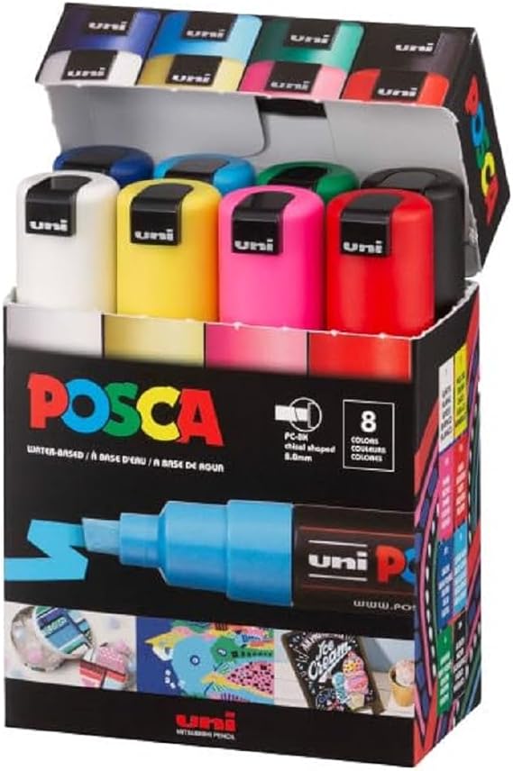 POSCA PC-8K Water-Based Paint Markers, Broad Tip (8mm), Assorted, 8 Pack