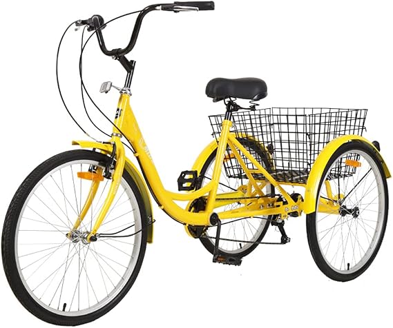 24 Inch 7 Speed Adult Tricycle with Basket, 3 Wheel Bicycle Beach Cruiser Shopping for Women, Men, Seniors, Load Capacity 330 lbs, Yellow