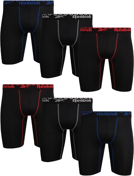 Reebok Mens Boxer Briefs 6 Pack Performance Underwear with Pouch 9'' Inseam | Extra Thigh Coverage for a Secure Feel During Work and Workouts, Smooth Design Helps Reduce Irritation