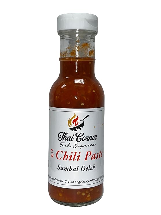 Thai Corner Food Express 5 Chili Paste Sambal Oelek, 8 oz & 12 oz, Ring Neck Glass Bottle 100% vegan & gluten free,Extra Spicy (8 oz)