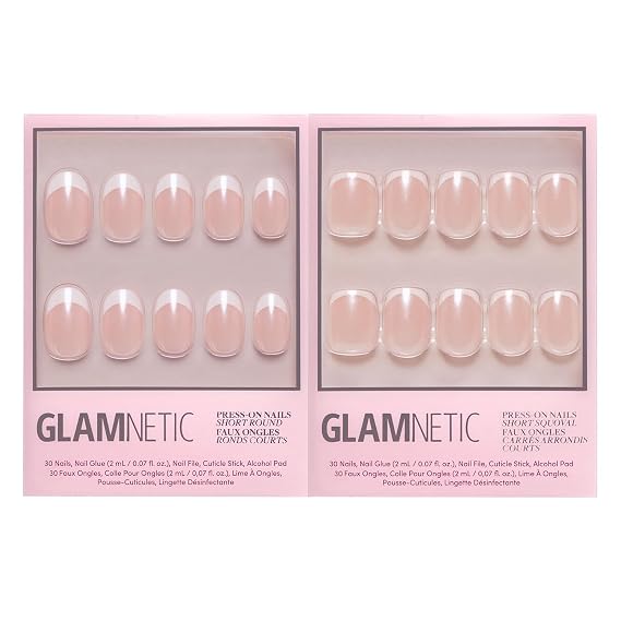 Glamnetic Press-On Nails Bundle - She's A Pearl & La Perle | 2 Glazed French Tips in Short Round and Short Squoval | Durable, Salon-Quality Nail Kits