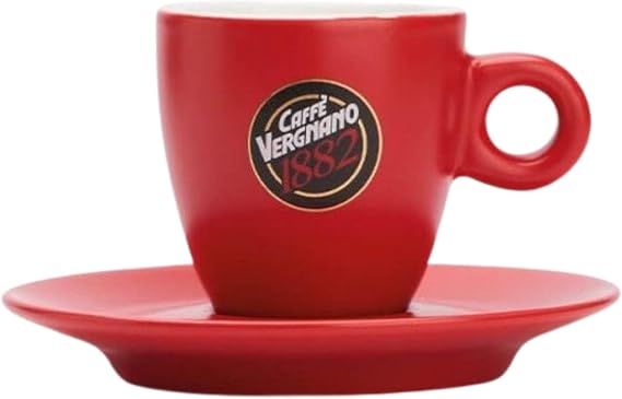 Caffe Vergnano Espresso Cups and Saucer Set, Red Porcelain, 2.5 oz
