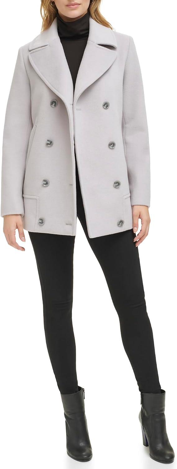 Kenneth Cole Womens Double Breast Notch Collar Button Details Wool Coat