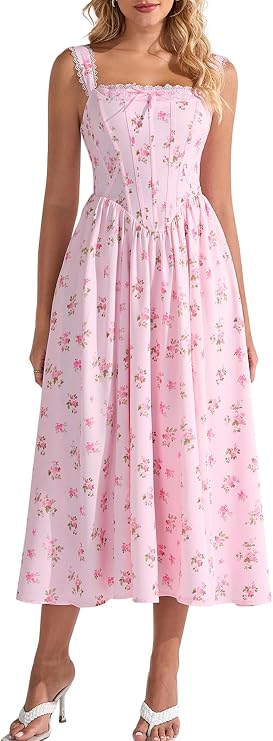 EYNMIN Womens Floral Corset Midi Flowy Lace Up Summer Wedding Guest Dresses