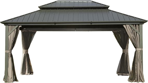 12' X 14' Hardtop Gazebo, Aluminum Metal Gazebo with Galvanized Steel Double Roof Canopy, Curtain and Netting, Permanent Gazebo Pavilion for Patio, Backyard, Deck, Lawn