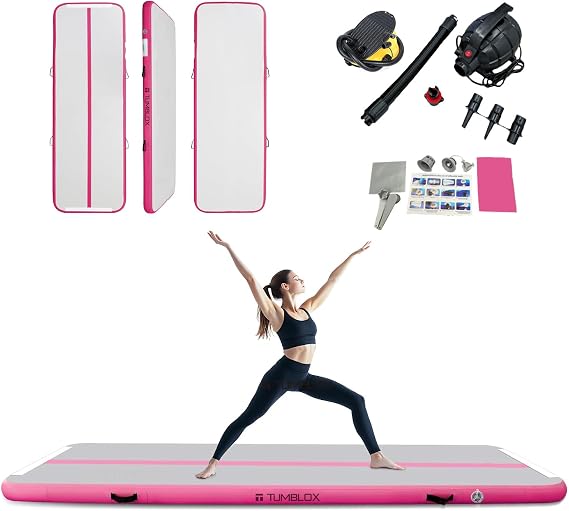Air Gymnastics Mat Inflatable & Tumbling Mat 4/8 Inches Thick with Electric Pump + Free Foot Pump Ideal for Home, Gym, Water, and Beach Use