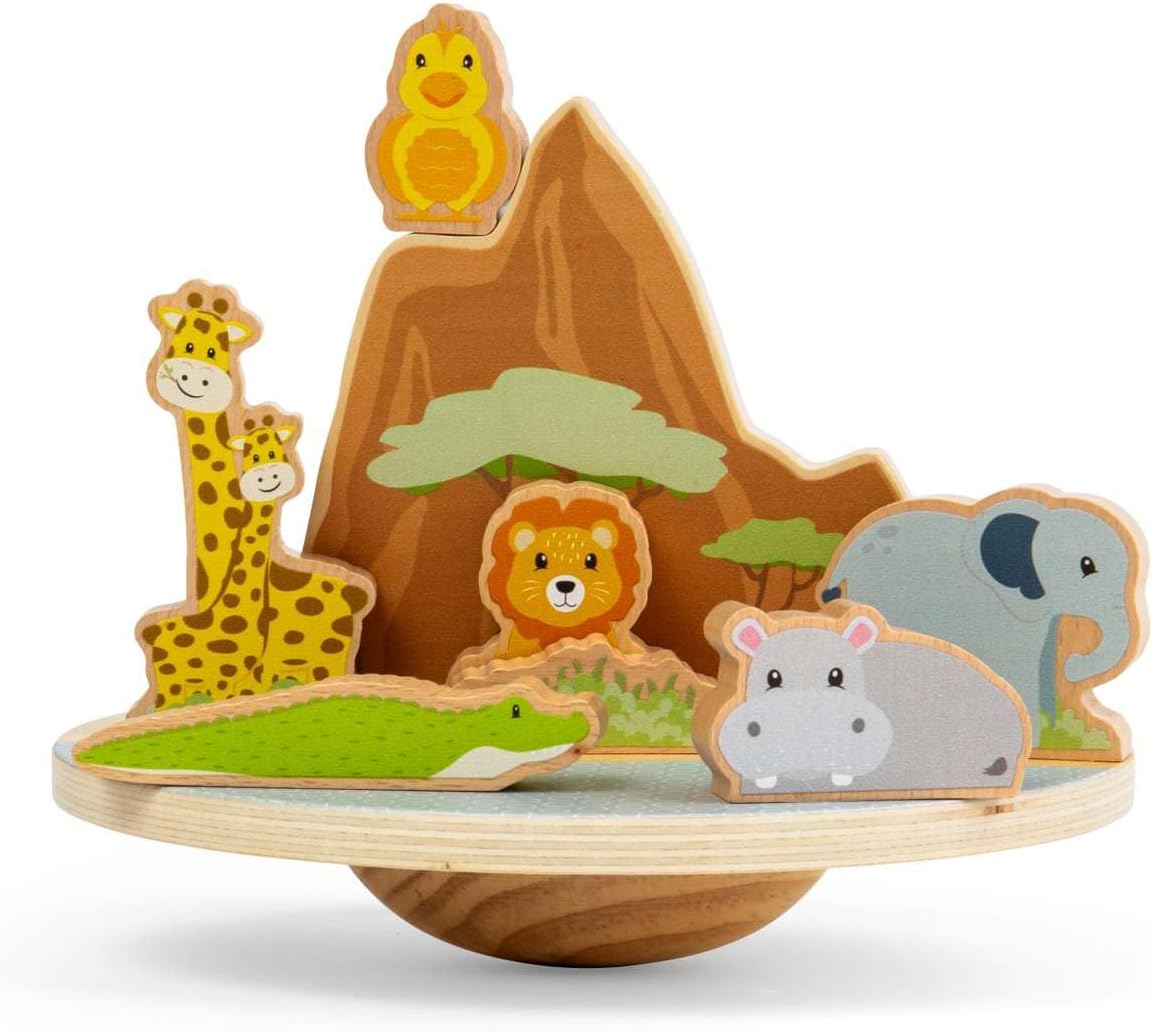 Bigjigs Toys Jungle Wobble Board | Wooden Balance & Stacking Toy for Toddlers | Baby Game with Balancing Safari Animal Figures | 10 Play Pcs Montessori Set | Educational Gifts for Kids Age 18+ Months