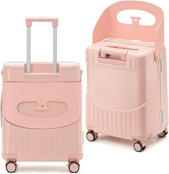 20" Carry On Luggage with Seat for Kids and Adults, with TSA Lock, 360 Lockable Spinner Wheels, Foldable Backrest, Free Luggage Cover for Travel (Pink)