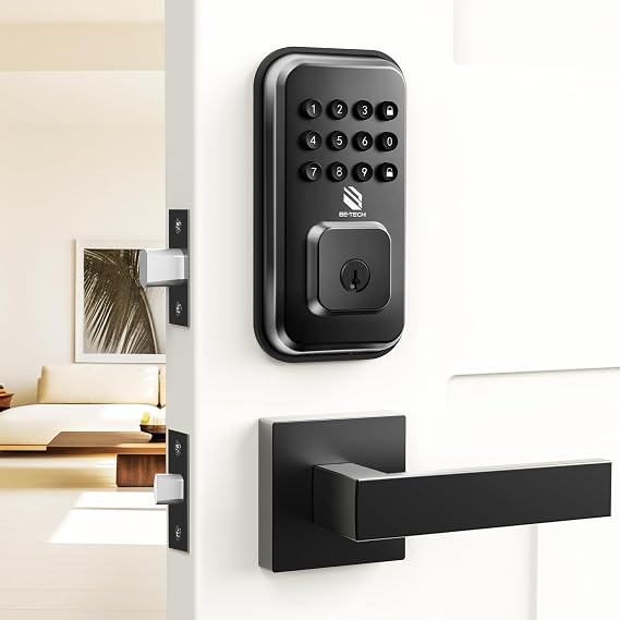 Keyless Entry Smart Door Lock with 2 Lever Handles, Electronic Front Door Locks Set, Digital Keypad Deadbolt, Auto Lock, One Time Codes, Anti Peeping Code, Easy Installation, Black