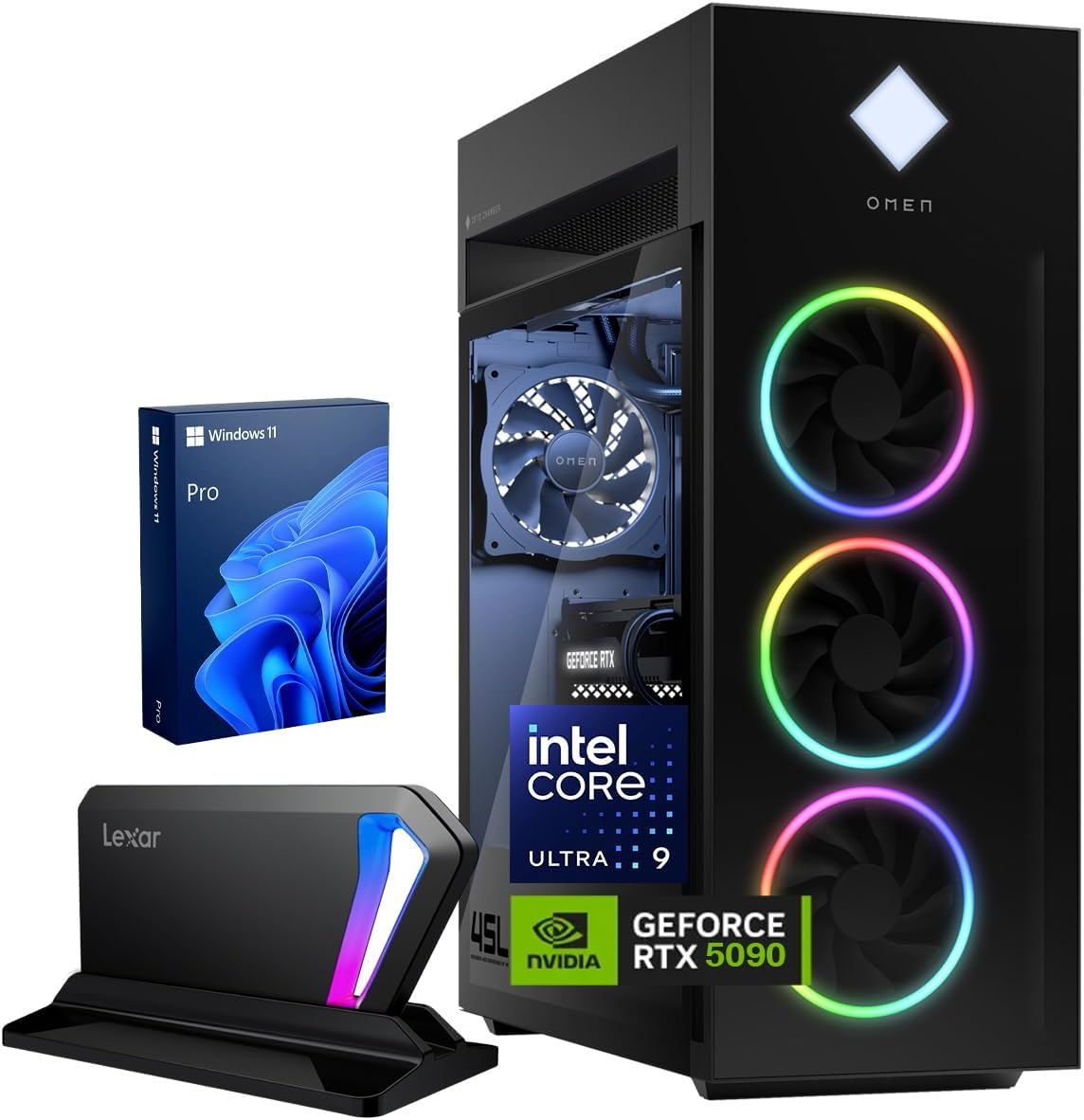 HP OMEN 45L GT22 RTX 5090 Pro Gaming Desktop, Intel Ultra 9 285K, NVIDIA RTX 5090, 64GB DDR5 RAM, 4TB SSD, RGB Light Studio & Gaming Hub, W11P, Bundle with Lexar SL660 512GB Portable SSD